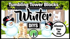 two snowmen standing next to each other in front of a sign that says, tumbling tower blocks