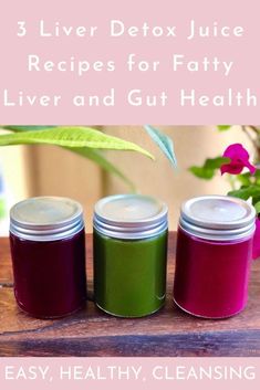 three jars filled with liquid sitting on top of a wooden table next to a potted plant