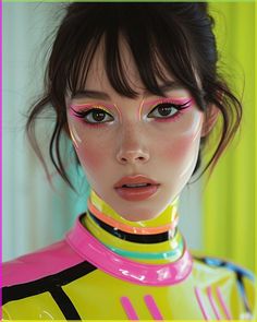 Makeup Like Barbie, Cyberpunk Inspired Makeup, Futuristic Fashion Makeup, Fun Glam Makeup, Camp Makeup Looks, Video Game Makeup, Extraterrestrial Makeup, Neon Makeup Ideas Eye, Flower Make Up