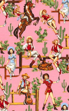 a pink background with many different images of women and men in cowboy outfits on horses