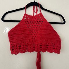 Red Handmade Crochet Top. Size S/M. Can Be Used As A Swim Coverup Or A Top. New And Never Used. Red Crop Top For Summer Festivals, Bohemian Red Summer Crop Top, Red Cotton Beach Crop Top, Red Cotton Crop Top For Beach, Red Bohemian Crop Top For Festivals, Red Bohemian Crochet Top For Spring, Fitted Red Crochet Top, Casual Red Crochet Top For Vacation, Red Crochet Beach Top