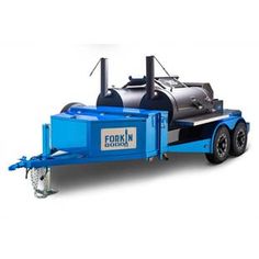 a blue trailer with a propane tank attached to it's back end and wheels