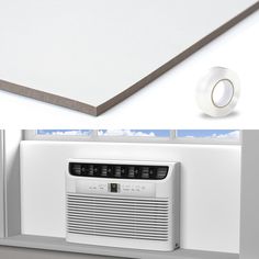 an air conditioner sitting on top of a window sill next to a white wall