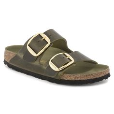 Arizona Big Buckle Oiled Leather Olive Green | BIRKENSTOCK Birkenstock Arizona Big Buckle, Comfortable Walking Sandals, Arizona Big Buckle, Birkenstock Styles, Most Comfortable Sandals, Black Birkenstock, Two Strap Sandals, Walking Sandals, Suede Fashion