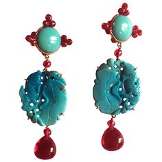 earrings with cabochon turquoise, carved antiques turquoise plaque with fish and lotus leafs rubellite drops gold. total weight of each one 12,03 gr total length 7cm. gold 16 gr All Giulia Colussi jewelry is new and has never been previously owned or worn. Each item will arrive at your door beautifully gift wrapped in our boxes, put inside an elegant pouch or jewel box. Antique Turquoise Jewelry, Art Deco Inspired Jewelry, Art Deco Drop Earrings, Turquoise Fashion, Antique Turquoise, Gold Heart Earring, Bling Earrings, Contemporary Earrings, Rose Gold Pendant