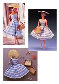 the doll is wearing a blue and white striped dress with matching straw hat, purse, and sunhat