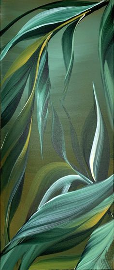 an abstract painting of green and yellow leaves