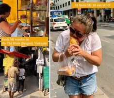 two pictures side by side one shows a woman eating bread and the other shows a man walking down the street