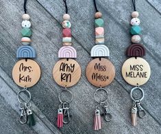 PLEASE READ:  Personalized beaded lanyard is handmade by me and the wood disc is laser engraved. Please list what name you'd like on your lanyard in the personalization section. All my lanyards are breakaway.  If you'd like the flip side engraved, I have an add on in my shop for $3. Just add it to your cart with the lanyard.  https://www.etsy.com/listing/1257241106 *If you only purchase one side I will only do one side* *If you purchase two sides and only list one font I'll pick one for you* To Lanyard For Keys, Beaded Lanyard, Teacher Lanyard, From Miss To Mrs, Wood Disc, Key Lanyard, Back To School Gift, School Gift, Gift Teacher