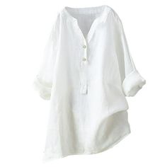 Women's V-Neck 3/4 Roll Sleeve Loose Button Tunic Shirts Summer Shirts Blouse Feature: 1. Fashion women's tops. 2. V-neck design makes you more attractive. 3. High quality manufacturing. 4. There are fashionable short sleeves. 5.It's very fashion and make you so beauty. Material: 95% polyester 5% elastane Occasion: Daily, show the case, party Washing method: machine wash Season: spring, summer, autumn Size: L.  Color: White.  Gender: female.  Age Group: adult. Linen Tops Women Blouses, Womens Tops Dressy, Casual Tunics, Casual Long Sleeve Shirts, Elegante Casual, Oversized Blouse, Loose Shirts, Loose Blouse, Tunic Shirt