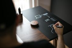 a man writing on a blackboard with marker