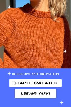 close up image of a girl wearing an orange knitted sweater Knit Sweater Pattern Dk Yarn, Pullover Sweaters Pattern, Drop Sleeve Sweater, Perfect Neck, Raglan Knit, Diy Sweater