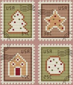 four cross stitch squares with different pictures of houses and animals in the same square pattern