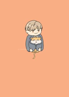 a drawing of a boy with a cat in his lap, on an orange background