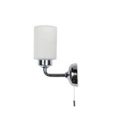 a wall mounted light with a white shade on the arm and a black metal pipe