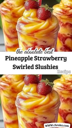 two cups filled with fruit and topped with whipped cream, strawberries and pineapple slushies