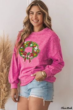 Olivia Mark - Christmas Rose Sequin Refined Mineral Wash Crewneck Sweatshirt Holiday Pink Long Sleeve Tops, Pink Long Sleeve Holiday Top, Pink Cotton Christmas Tops, Christmas Pink Cotton Tops, Pink Crew Neck Top For Christmas, Pink Crew Neck T-shirt For Holidays, Washed Sweatshirt, Wreath Print, Rosé Christmas