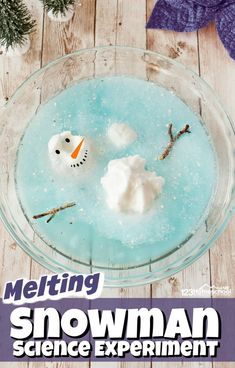 the cover of melting snowman science experiment is displayed in a glass bowl on a wooden table