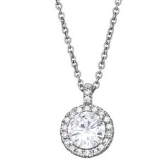 "Beautifully appointed with lab-created moissanite stones, this Charles & Colvard halo pendant is a beautiful accessory. Beautifully appointed with lab-created moissanite stones, this Charles & Colvard halo pendant is a beautiful accessory. Chain length: 18 in. + 2-in. extender Chain type: cable Metal: 14k white gold Plating: rhodium Finish: polished STONE DETAILS Stone type: lab-created moissanite Total weight: 2 1/4 ct. Center stone weight: 1 9/10 ct. Center stone diameter: 8 mm Shape: