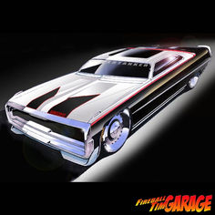 an old muscle car with flames on the hood and stripes painted on it's side