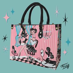 a pink and black handbag with cartoon characters on it