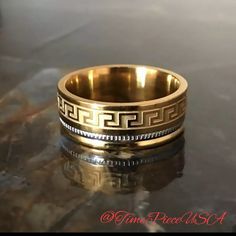 New Stylish Gold Greek Key Rope Ring Tell Me Your Size And Ill Send It. Brand New Free Shipping No Trades Bundle 2 Or More To Get 10% Off This Ring Will Not Turn Your Fingers Green And It Will Not Rust Or Tarnish It Is Safe To Wear In Water Band Width: 8mm Fit: Comfort Size: You Choose Greek Accessories, Roman Kings, Greek Ring, Rope Ring, Rope Rings, Mens Gold Rings, Wrist Game, Mens Accessories Jewelry, Mens Gold