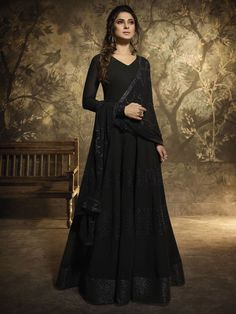 Jennifer Winget Black Georgette Gown Suit - inddus-us Georgette Anarkali Suits, Black Anarkali, Georgette Gown, Designer Anarkali Suits, Gown Party Wear, Anarkali Salwar, Gown Suit, Gaun Fashion, Designer Anarkali