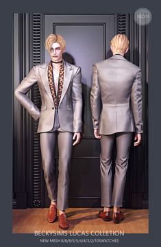 two mannequins dressed in suits standing next to each other