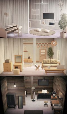 three pictures of different rooms in the same room, each with furniture and decorations on them