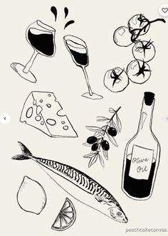 an image of food and drinks drawn by hand with ink on paper, in black and white