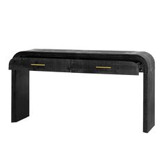 a black console table with two drawers on one side and gold handles on the other