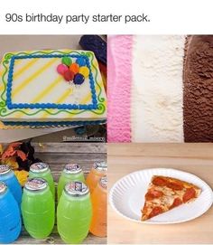 there is a birthday cake, soda and pizza on the table