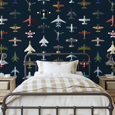 Aviator Wallpaper by Wall Blush in a stylish bedroom, showcasing airplane patterns with a modern aesthetic. Aviator Wallpaper, Wallpaper For Renters, Airplane Room, Orange Peel Wall Texture, Wall Blush, Boys Room Wallpaper, Orange Peel Texture, Concrete Wallpaper, Peel And Stick Vinyl