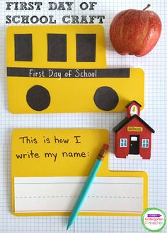 the first day of school is written on paper with an apple and pencil next to it