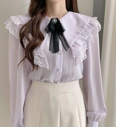 Tie Tops, Lace Shirts, Bow Tie Top, Black Lace Shirt, Korea Design, Academia Style, Mori Girl Fashion, Fairy Dresses, Cottagecore Fashion