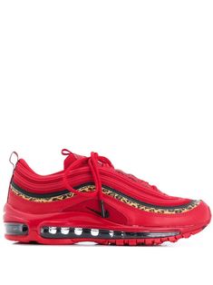 Red leather Air Max 97 sneakers from Nike featuring a round toe, a lace up detail, a leopard print, a logo patch at the tongue, a branded insole, a pull tab at the rear, side logo branding and chunky rubber sole. Red Air Max, Nike T, Red Sneakers, Louis Vuitton Shoes, Nike Air Max 97, Sportswear Brand, Shoe Game, Vuitton Handbags, Bugatti