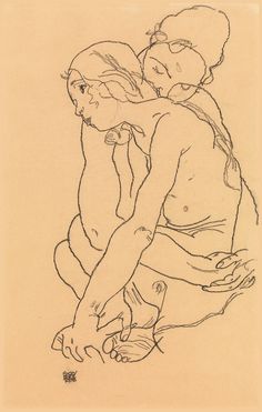 a drawing of two people sitting next to each other on a beige paper with black ink