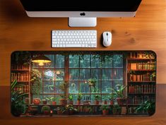 a desk with a computer, keyboard and plants in front of a window on it