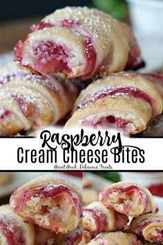 raspberry cream cheese bites are stacked on top of each other and ready to be eaten