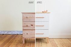 two photos side by side one has a dresser and the other is a chest of drawers