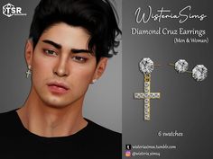 an image of a man with earrings on his face and the caption, diamond cross earrings men & women