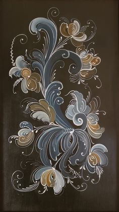 an artistic painting with flowers and swirls on the side of a blackboard wall