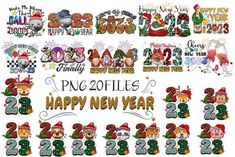 the happy new year and christmas numbers are shown in this image, with santa hats on them