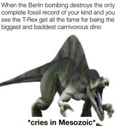 an image of a dinosaur with the caption crries in mesozoic