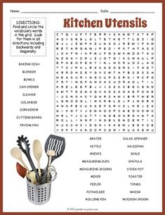 the kitchen utensils word search is shown in this printable activity sheet for kids