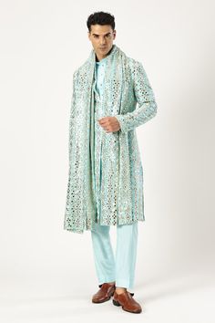 Sky blue sherwani jacket mirror embroidery. Paired with a sku blue plain kurta, pant and mirror work stole. - Aza Fashions Anarkali Sherwani With Mirror Work For Diwali, Blue Anarkali Sherwani For Eid, Blue Anarkali Sherwani For Festive Occasions, Fitted Anarkali Bandhgala With Mirror Work, Festive Anarkali Style Blue Sherwani, Fitted Anarkali Style Blue Sherwani, Blue Anarkali Fitted Sherwani, Fitted Blue Anarkali Sherwani, Blue Sherwani With Mirror Work For Festivals