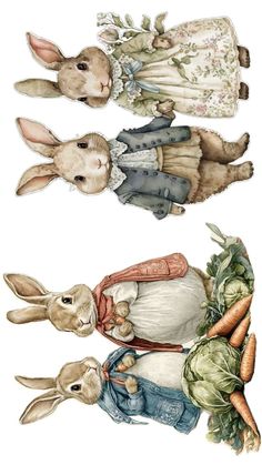 three rabbits with carrots and cabbage in their lapel tops, one is wearing a dress