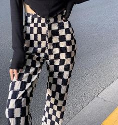 Checkered Pants Outfit Korean, Wide Leg Checkered Pants, Checkerboard Outfit, Cute Checkard Pants, Black Checkered Pants, Checker Pants, Summer Grunge Outfits, Edgy Work Outfits, Punk Clothes