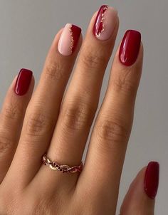 Red White And Gold Nails, Short Red Nails, Red And Gold Nails, Red Gel Nails, Maroon Nails, Simple Gel Nails, Minimal Nails, White Nail