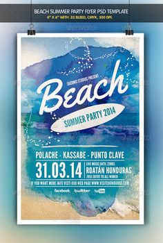 a beach party flyer template with watercolor paint and text on the front, in blue tones